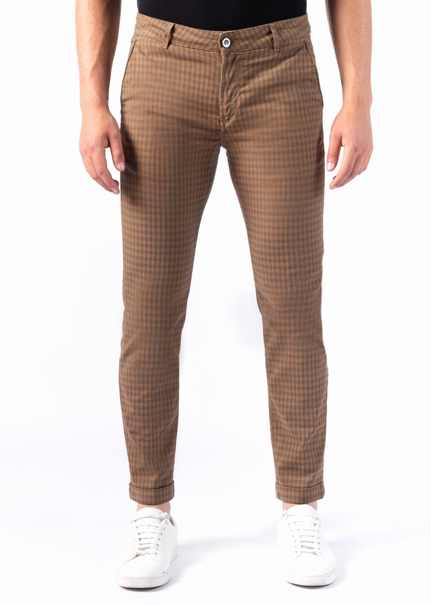 CHINOS SAND - Tinto Filo Stretch PPT Fantasia Quadretto - 03F 724 MIELE TDR