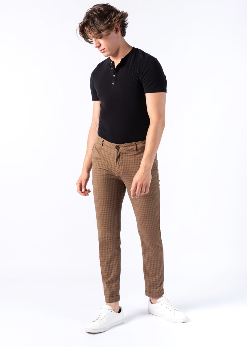 CHINOS SAND - Tinto Filo Stretch PPT Fantasia Quadretto - 03F 724 MIELE TDR