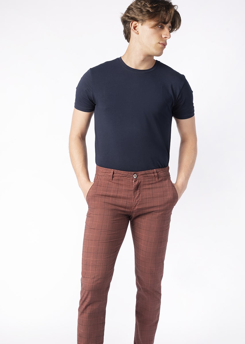 CHINOS REY 17 - Tinto Filo Stretch PPT disegno "Micro fantasia" - F49 522 TOMATO TDR