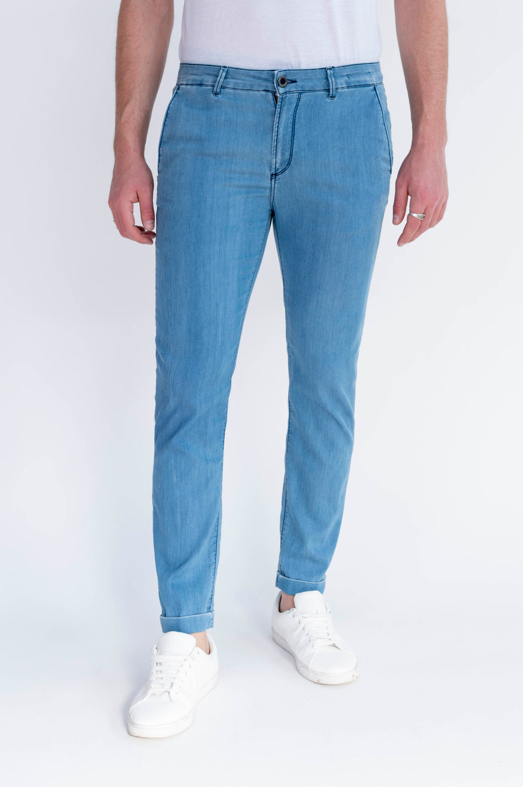 CHINOS SAND - Blu Denim Stretch Ultra Light in Seta - D42 A390